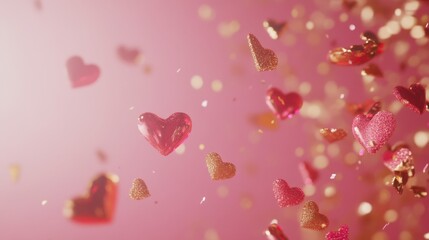 Obraz premium Floating hearts cascade against a soft pink backdrop, creating a romantic and whimsical atmosphere perfect for Valentine's Day celebrations.