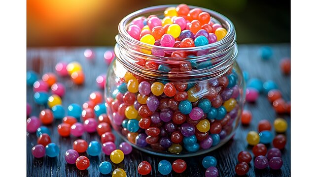 Colorful candy in a glass jar on a wooden table.