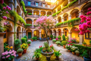 Miniature spring courtyard: blooming flowers, multi-story building, tilt-shift magic.