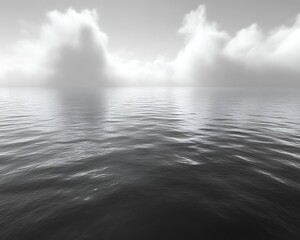 Obraz premium Serene grayscale seascape with calm water and fluffy clouds.