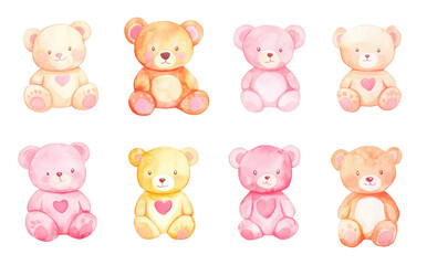 Adorable watercolor teddy bears in pastel pink and yellow hues, each with unique heart details, create charming and playful scene