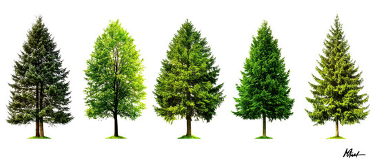 variety of green trees displayed on transparency background, showcasing different shapes and shades of foliage. vibrant greenery highlights diversity of tree species