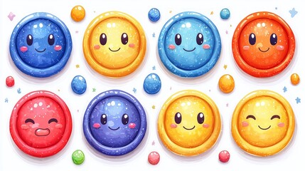 Eight colorful cartoon buttons with happy faces and sparkles.