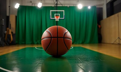 A close-up of a basketball on a polished green court, with a basketball hoop in the background, creating a focused atmosphere for sports practice or a game. - Powered by Adobe