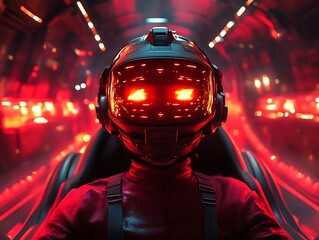 Futuristic pilot in red lit spaceship.