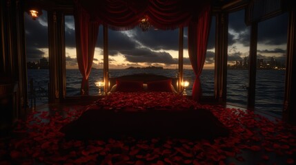 A romantic setting featuring a bed adorned with rose petals scattered on the floor, creating an intimate atmosphere by the window.
