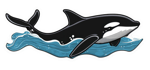 Fototapeta premium dynamic vector illustration of killer whale swimming through stylized ocean waves, capturing majestic and powerful essence of marine life