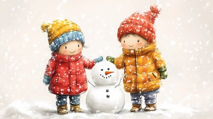 Kids with rosy cheeks building a snowman in a serene snowy meadow with soft skies, style of a whimsical drawing
