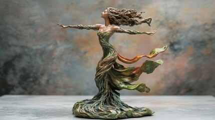 Fototapeta premium Elegant Sculpture of a Woman in Flowing Dress Capturing the Essence of Nature with Graceful Movement and Artistic Detail
