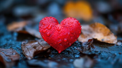 Fototapeta premium A vibrant red heart resting on the ground, adorned with glistening water droplets, symbolizing love and romance on a rainy Valentine's Day.