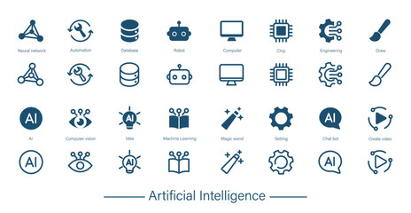 Set of solid and outline icons for, robots, computer vision, chips. Artificial intelligence, automation icon.