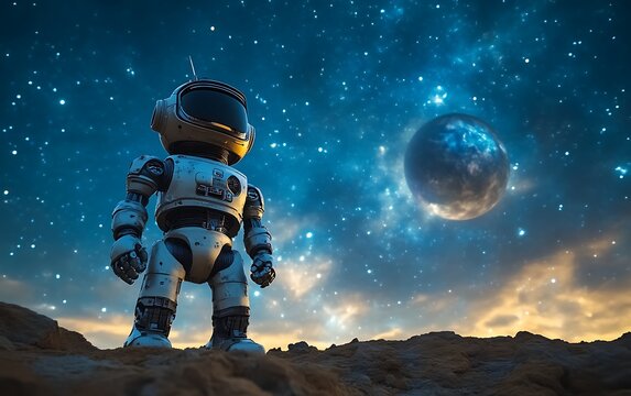 Robot astronaut on alien planet.
