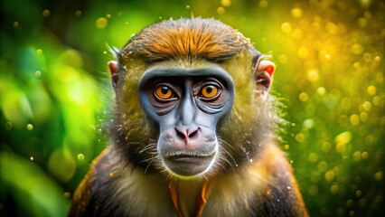 Fototapeta premium Adorable Nigerian Drill Monkey Close-Up Portrait in Lush Rainforest