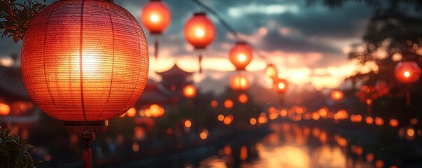 Fototapeta premium Enchanted Asian Sunset: Red Lanterns Illuminate a Serene Canal