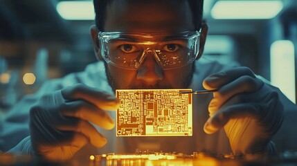 Focused scientist inspecting a circuit board.
