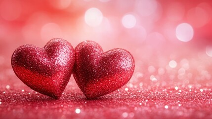 Obraz premium Two vibrant red hearts rest on a sparkling pink glitter background, symbolizing love and affection for Valentine's Day.