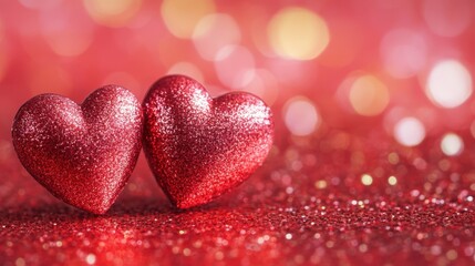 Fototapeta premium Two vibrant red hearts rest on a sparkling red glitter surface, symbolizing love and affection, perfect for the celebration of Valentine's Day.
