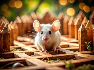 Fototapeta premium Adorable White Mouse Navigating Intricate Wooden Maze - Close-Up Double Exposure Stock Photo
