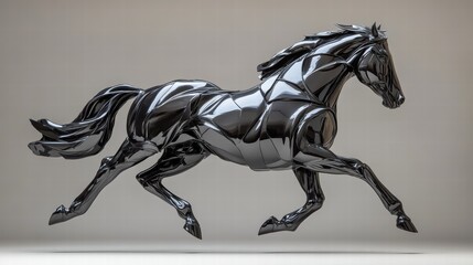 Fototapeta premium Sleek Black Metallic Horse Sculpture in Motion Against Neutral Background