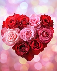 Obraz premium A beautiful heart-shaped arrangement of red roses elegantly displayed in a glass vase, perfect for celebrating love on Valentine's Day.