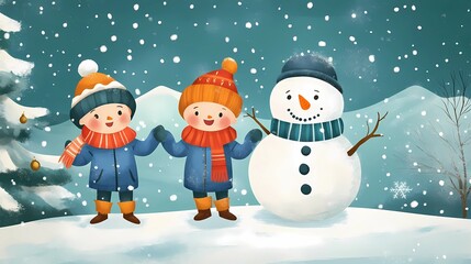 Two kids shaping snowballs for a snowman on a snowy day, surrounded by frosted pine trees, storybook charm style