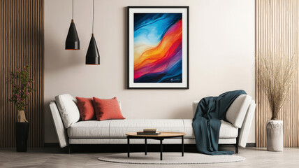 A framed poster mockup hanging on a sleek modern living room wall, ideal for showcasing custom art or typography. The clean and stylish interior enhances the design’s visual appeal.