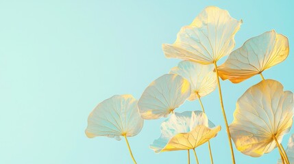 Obraz premium Delicate gold lotus leaves with artistic shading on a light blue gradient background 