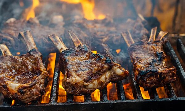 A close-up of grilled lamb chops sizzling on a barbecue, surrounded by flames and smoke, showcasing a delicious cooking process.