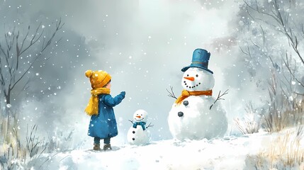 Kids happily sculpting snowmen in a quiet snowy park, gentle snowfall in the background, style of classic children’s art