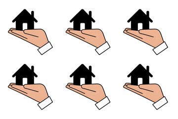 simple black house icons being held by hands on a white background for real estate or property themes