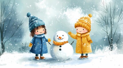 Kids happily sculpting snowmen in a quiet snowy park, gentle snowfall in the background, style of classic children&rsquo;s art