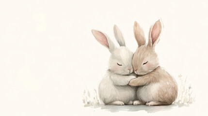 Obraz premium Valentine's Day sweet watercolor illustration of two rabbits embracing, conveying warmth and love