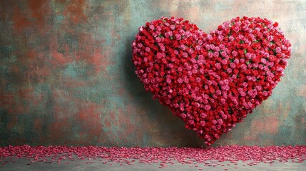 Fototapeta premium A vibrant heart crafted from colorful flowers adorns a wall, symbolizing love and affection, perfect for Valentine's Day celebrations.