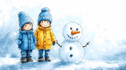 Kids happily sculpting snowmen in a quiet snowy park, gentle snowfall in the background, style of classic children’s art
