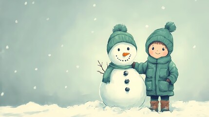 Kids happily sculpting snowmen in a quiet snowy park, gentle snowfall in the background, style of classic children’s art