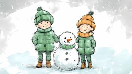 Kids happily sculpting snowmen in a quiet snowy park, gentle snowfall in the background, style of classic children’s art