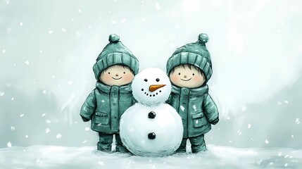 Kids happily sculpting snowmen in a quiet snowy park, gentle snowfall in the background, style of classic children’s art