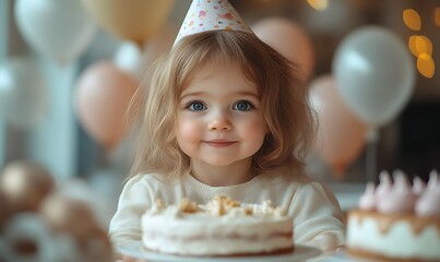 Adorable toddler girl with birthday cake.