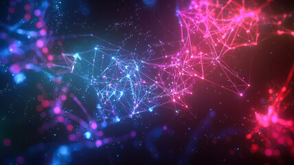 Fototapeta premium A futuristic 3D network graph with interconnected nodes, glowing in electric colors against a dark background, visualizing complex data relationships with a high-tech and cyber-inspired aesthetic.