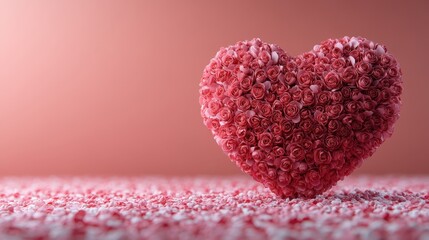 Obraz premium A beautifully arranged heart shape crafted from fresh roses sits elegantly on a soft pink surface, symbolizing love and romance for Valentine's Day.