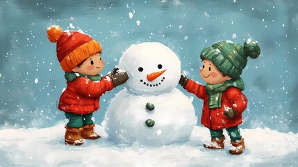 Children playing in the snow building a cheerful snowman surrounded by a wintry landscape, snowy trees, style of storybook illustration
