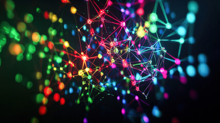 Fototapeta premium A futuristic 3D network graph with interconnected nodes, glowing in electric colors against a dark background, visualizing complex data relationships with a high-tech and cyber-inspired aesthetic.