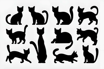 black cat silhouette pattern featuring playful and elegant feline poses on a white background simple design