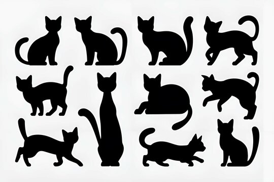 black cat silhouette pattern featuring playful and elegant feline poses on a white background simple design