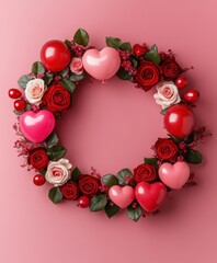 Obraz premium A beautiful wreath crafted from vibrant roses and decorative hearts, set against a soft pink background, perfect for celebrating love on Valentine's Day.