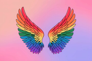 Obraz premium artistic vibrant rainbow wings design featuring colorful feathers on a soft pink and purple gradient background