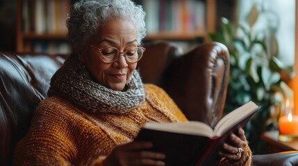 Senior woman reading a book in cozy setting, concept of comfort and nostalgia
