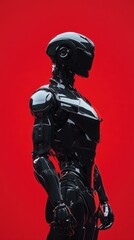 Naklejka premium Sleek Black Robot Stands Against Red Background