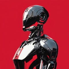 Sleek Chrome Robot Stands Against Red Background