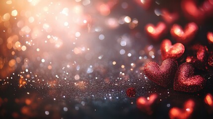 A collection of vibrant hearts scattered on a table, beautifully contrasting against a softly blurred background, evoking a romantic Valentine's Day atmosphere.